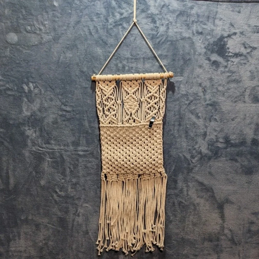 Boho Macrame Wall Hanging with Pocket Cream Cotton Fringe Wall Art Decor New